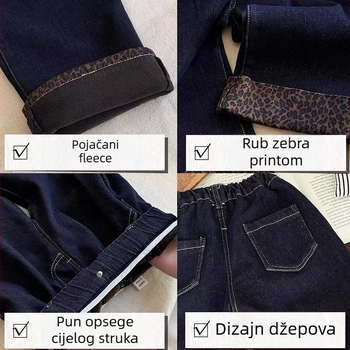 Dječje traperice s flis podstavom, leopard uzorak, ravni kroj s manžetom, srednji pojas, elastičan pojas