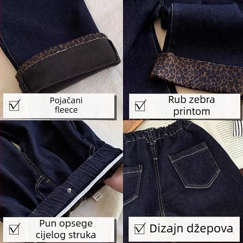 Dječje traperice s flis podstavom, leopard uzorak, ravni kroj s manžetom, srednji pojas, elastičan pojas