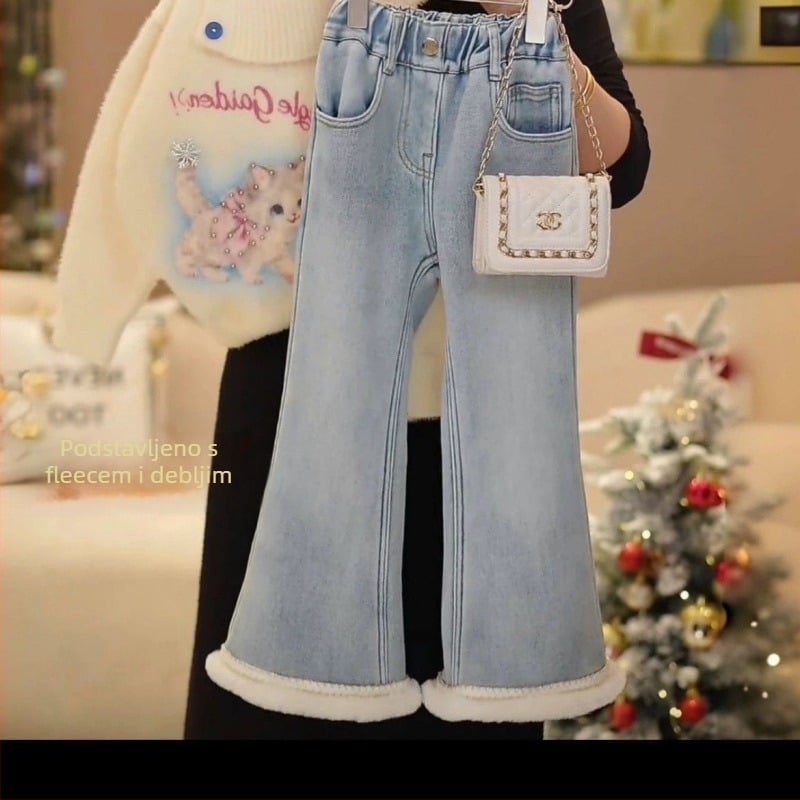 Dječje farmerice s flared krojem, fleece podstava, visokim strukom, elastnim pojasom, zimski model