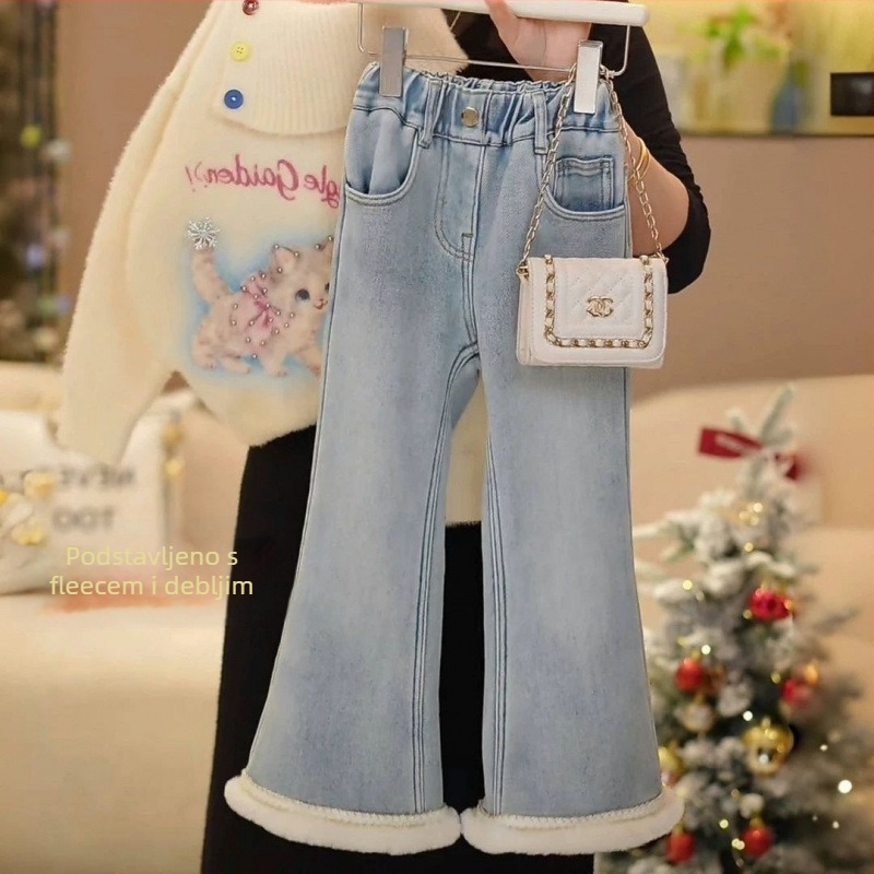 Dječje farmerice s flared krojem, fleece podstava, visokim strukom, elastnim pojasom, zimski model