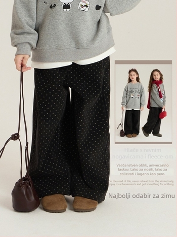 Dječje hlače za djevojčice u korejskom stilu s točkicama, podstavljene flisom, ravni kroj, zima 2025, uzrast 3–8 godina.