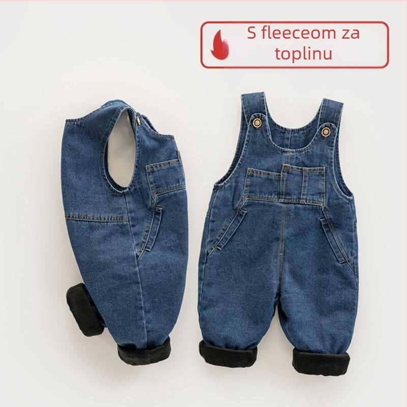Dječji džins overale s naramenicama i fleece-podstavom, jesen-zima model (Materijal: poliester 70–80%, Podstava: fleece, Stil: korejski, Zatvaranje: gumbi, Sezona: jesen-zima)