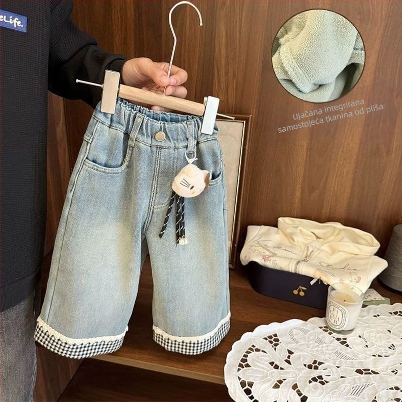 Dječje traperice u korejskom stilu s fleece podstavom, tople i elastične, vintage ravne nogavice s karikaturnim uzorom (Materijal: pamuk; Sastav glavnog materijala: 90% pamuk; Tehnologija tkanine: mekano obrađivanje; Uzorak: karikatura)