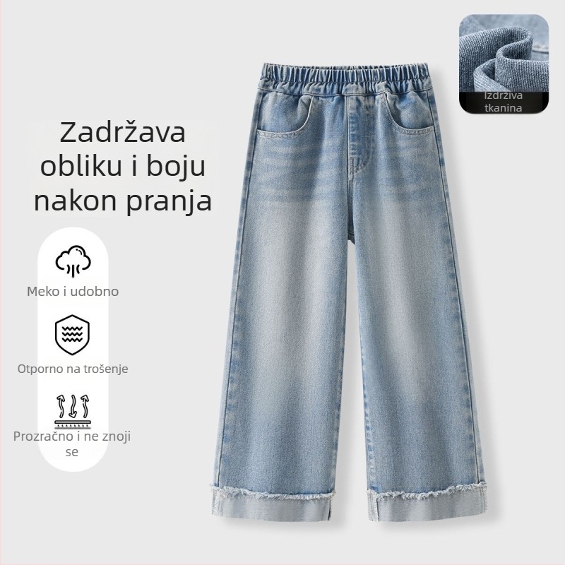 Dječje traper hlače ravnih nogavica, elastičan pojas, preklopljeni rub, jednobojne, duge, Unisex, 35% pamuka