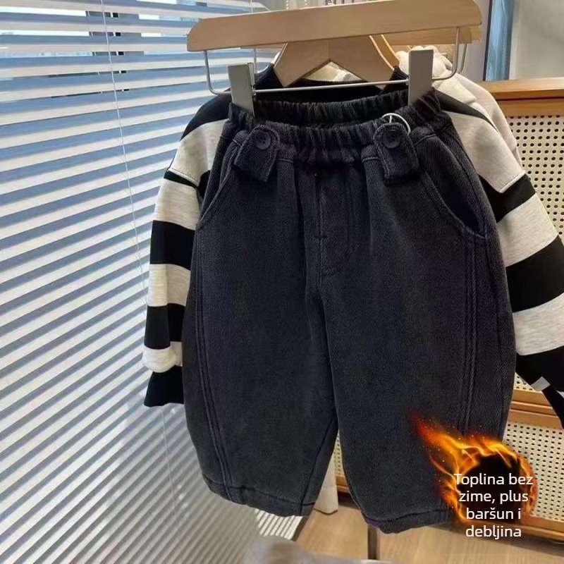 Dječje traperice, korejskog stila, elastični pojas u struku, podstavljene flisom, debele za zimu, unisex