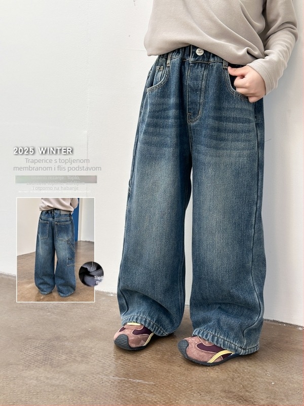Dječje traperice ravnog kroja, korejskog stila, debeli denim s fleece podstavom, srednji pojas, za uzrast 3–8 godina