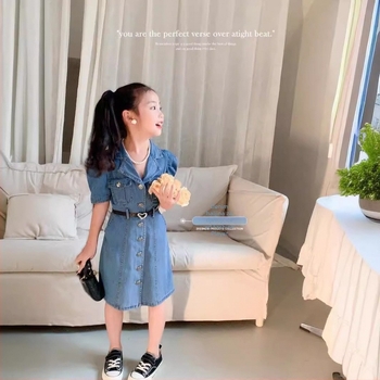 Dječja traper haljina – Ležerni stil, pamuk, kratki rukavi, ljeto 2024