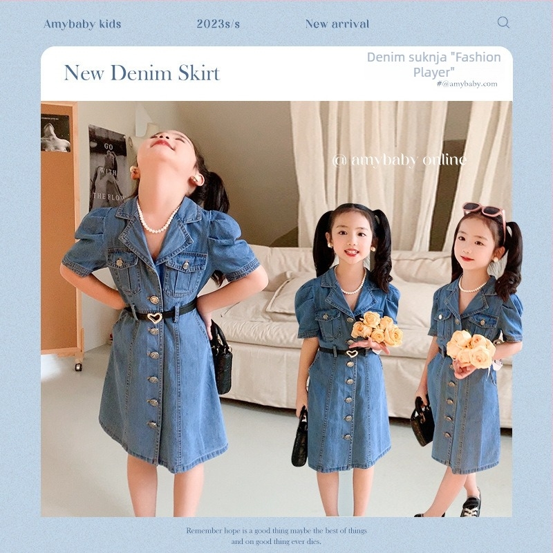 Dječja traper haljina – Ležerni stil, pamuk, kratki rukavi, ljeto 2024