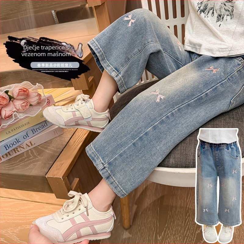 Dječje traperice s izvezenom mašnicom, korejski stil, denim, 65% pamuk, srednji struk, ravni kroj