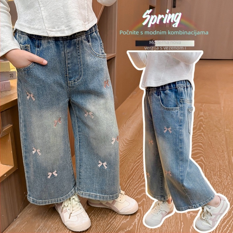 Dječje traperice s izvezenom mašnicom, korejski stil, denim, 65% pamuk, srednji struk, ravni kroj