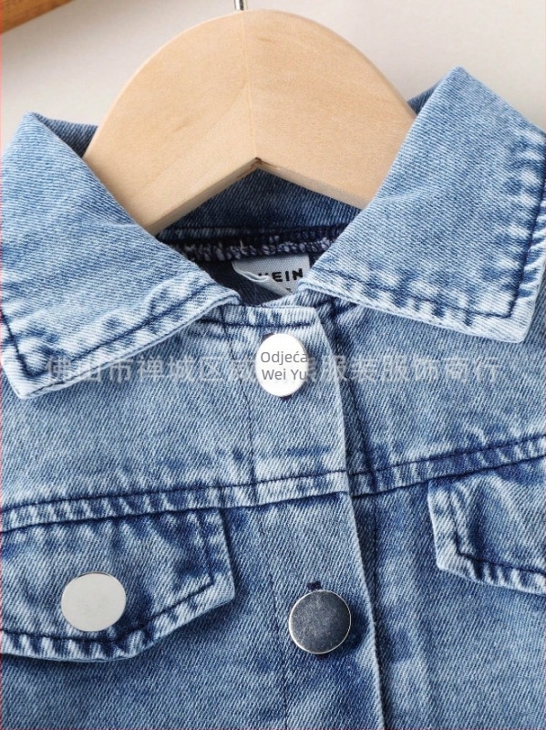 Dječji dvodijelni denim komplet s čipkom, dugi rukavi, proljeće–jesen, tkanina od pamuk–poliester smjese (65,35% poliester)