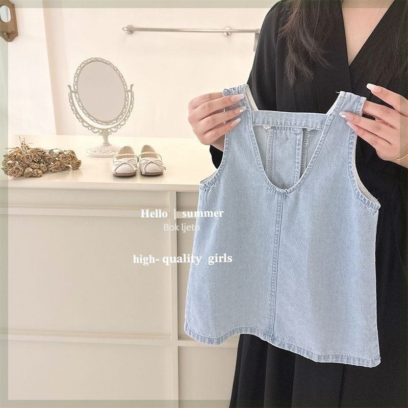 Dječja ljetna haljina s trakama za djevojčice, bez rukava, A-linija silueta, jednobojna poliester tkanina, za uzrast 3–8 godina