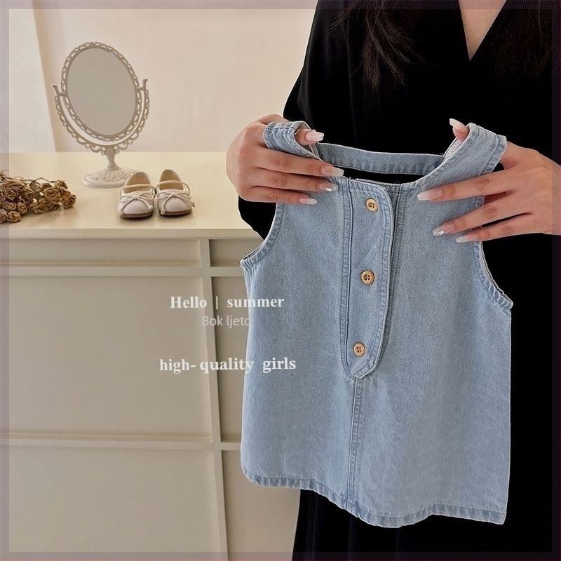 Dječja ljetna haljina s trakama za djevojčice, bez rukava, A-linija silueta, jednobojna poliester tkanina, za uzrast 3–8 godina