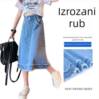 Dječja traper suknja s resicama, midi dužina, stil princeze (traper; pamuk 50%; podstava pamuk 51–70%; midi dužina; prikladna za djevojčice starije od 8 godina i višu od 140 cm)