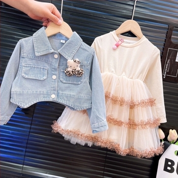 Dvodjelni set odjeće za djevojčice s džin jaknom, stil princeze, smjesa poliestera 80%, dugi rukav, uzrast 3-8 godina