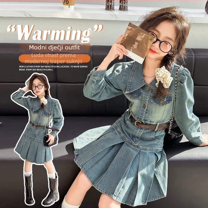Dječja denim haljina, korejskog stila, plisirana, proljeće-jesen, za uzrast 8+