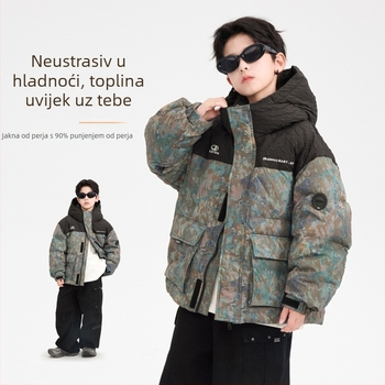 Dječja zimska jakna s perjem, kapuljačom, Korejski stil, 86–90% bijelog perja pataka, debela izolacija, prednji zatvarač