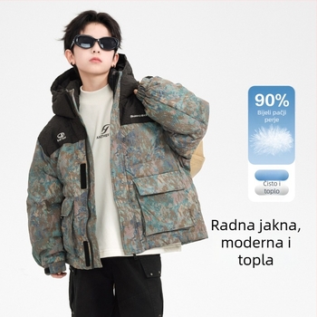 Dječja zimska jakna s perjem, kapuljačom, Korejski stil, 86–90% bijelog perja pataka, debela izolacija, prednji zatvarač