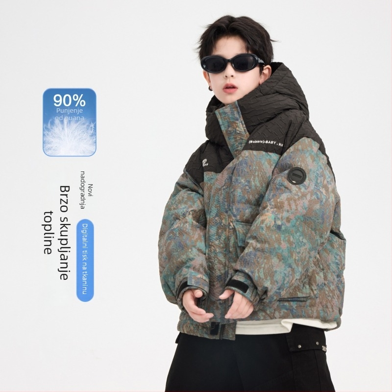 Dječja zimska jakna s perjem, kapuljačom, Korejski stil, 86–90% bijelog perja pataka, debela izolacija, prednji zatvarač