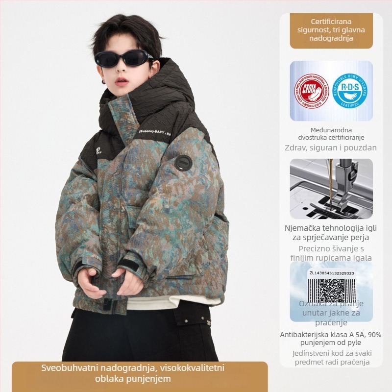 Dječja zimska jakna s perjem, kapuljačom, Korejski stil, 86–90% bijelog perja pataka, debela izolacija, prednji zatvarač