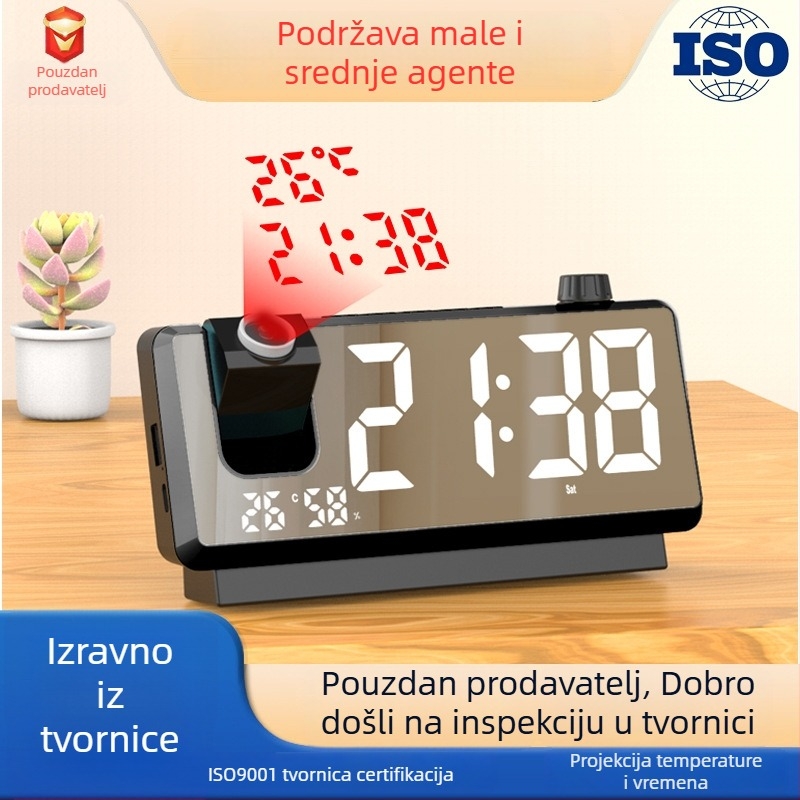 Projektni budilnik s projekcijom vremena, temperature i vlage, LED zaslon, vanjsko napajanje, kalendar (godina, mjesec, dan)