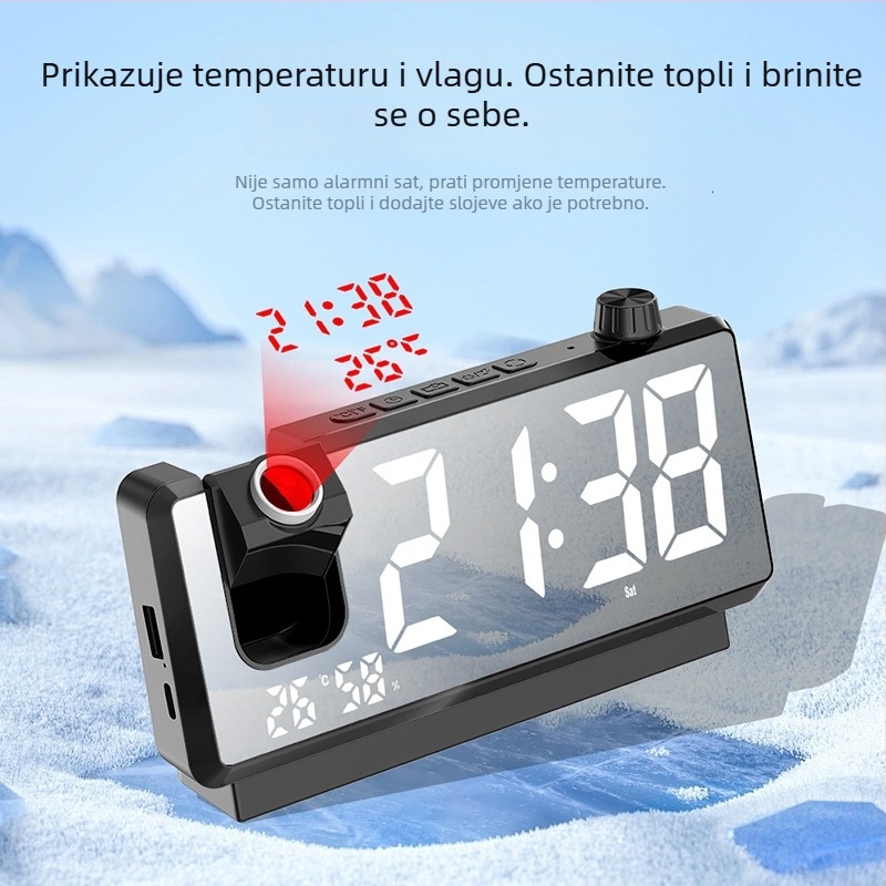 Projektni budilnik s projekcijom vremena, temperature i vlage, LED zaslon, vanjsko napajanje, kalendar (godina, mjesec, dan)