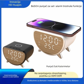 Bežični 3u1 punjač sa stolnim satom i termometrom, 15W brzo punjenje, 2A izlaz, 18W ukupna snaga za iPhone