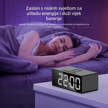 Budilica s bežičnim punjenjem za telefon, LED digitalni prikaz, kalendar s mjesečnim prikazom i termometrom, napajanje baterijom