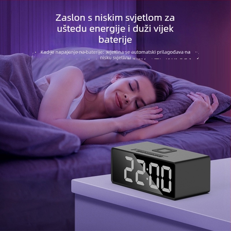 Budilica s bežičnim punjenjem za telefon, LED digitalni prikaz, kalendar s mjesečnim prikazom i termometrom, napajanje baterijom