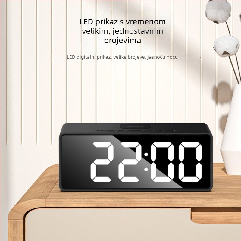 Budilica s bežičnim punjenjem za telefon, LED digitalni prikaz, kalendar s mjesečnim prikazom i termometrom, napajanje baterijom