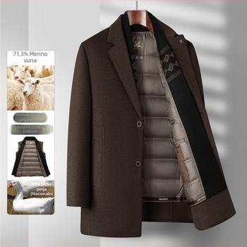 Obostrani vuneni kaput srednje dužine za muškarce srednje dobi, luksuzan i topao poslovni vuneni kaput s odvojivom podstavom od perja