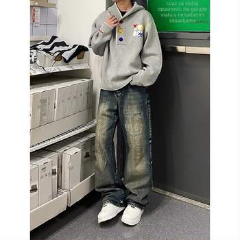 Sivi američki retro izvezeni hoodied dukserica za muškarce – trendovski visokokvalitetni streetwear