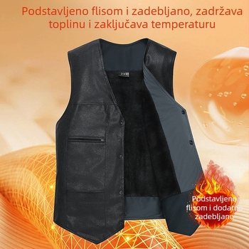 Muški PU kožni prsluk s fleece podstavom, jesensko-zimska vanjska odjeća, bez kapuljače, s više džepova