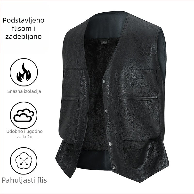 Muški PU kožni prsluk s fleece podstavom, jesensko-zimska vanjska odjeća, bez kapuljače, s više džepova