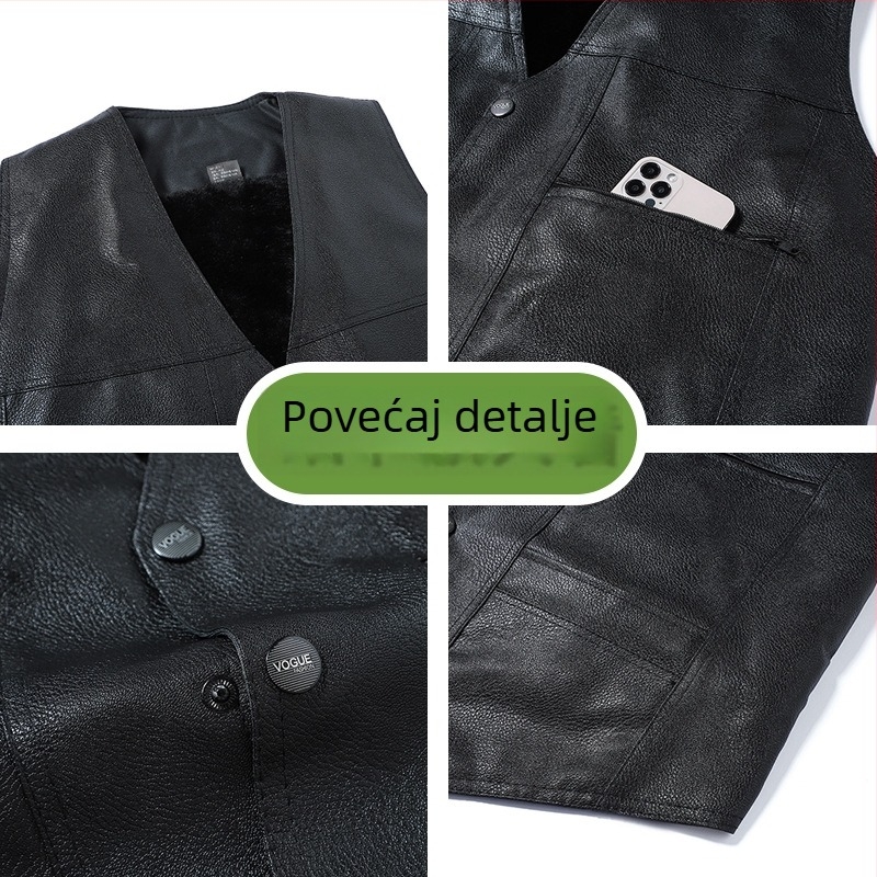 Muški PU kožni prsluk s fleece podstavom, jesensko-zimska vanjska odjeća, bez kapuljače, s više džepova