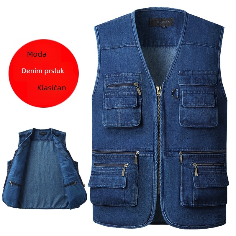Muška denim i pamuk vesta s višestrukim džepovima, prozračna i udobna za proljeće i jesen, bez rukava
