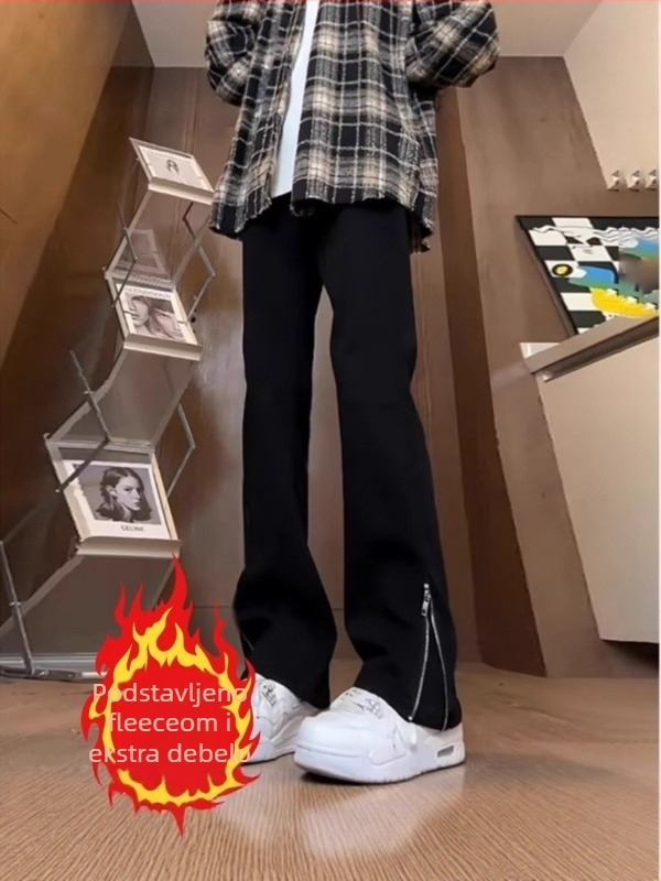 Muške traperice od denima, ravne nogavice, visok pojas, zatvarač, flis podstava