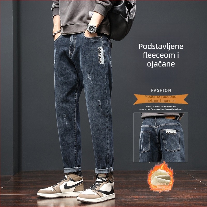 Muške traperice s fleš podstavom, udoban slobodan ravni kroj, srednji pojas, zatvarač na zip, vrlo elastične, stonewash, jesen 2025