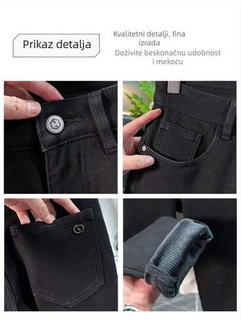 2026 crne muške traperice s fleece podstavom za zimu, debele i udobne, ravnog kroja
