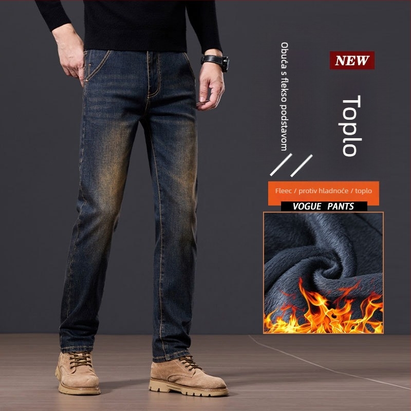 Muške traperice od denima s flis podstavom, debeli, ravni kroj (srednji pojas, zatvarač na zip, elastičnost, zima)