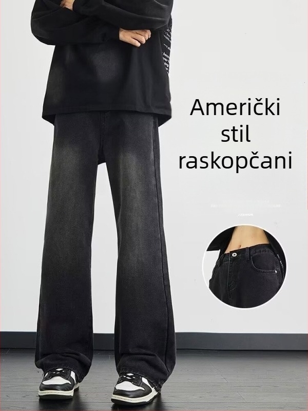 Muške traperice s fleece unutrašnjom, crno-sive boje, blago šireće nogavice, američki stil, zimne casual hlače