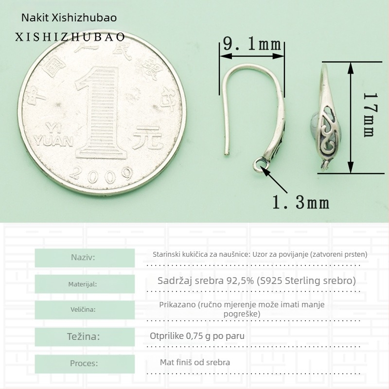 Kuka za naušnice od srebra S925 – vintage mat završetak, mali cvjetni totem, poluproizvod za DIY nakit