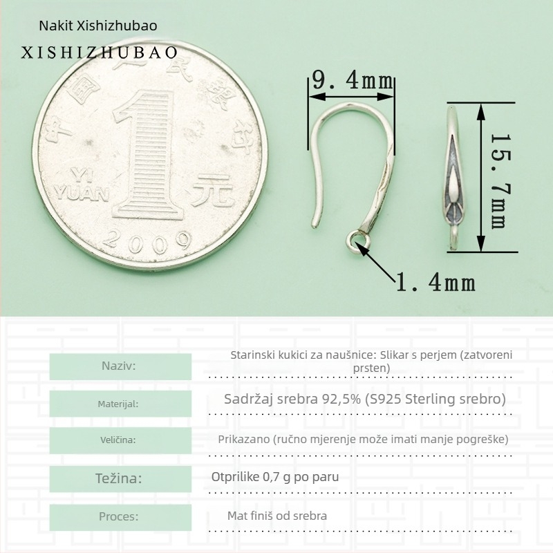 Kuka za naušnice od srebra S925 – vintage mat završetak, mali cvjetni totem, poluproizvod za DIY nakit