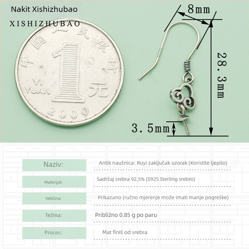 Kuka za naušnice od srebra S925 – vintage mat završetak, mali cvjetni totem, poluproizvod za DIY nakit
