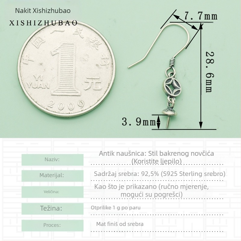 Kuka za naušnice od srebra S925 – vintage mat završetak, mali cvjetni totem, poluproizvod za DIY nakit