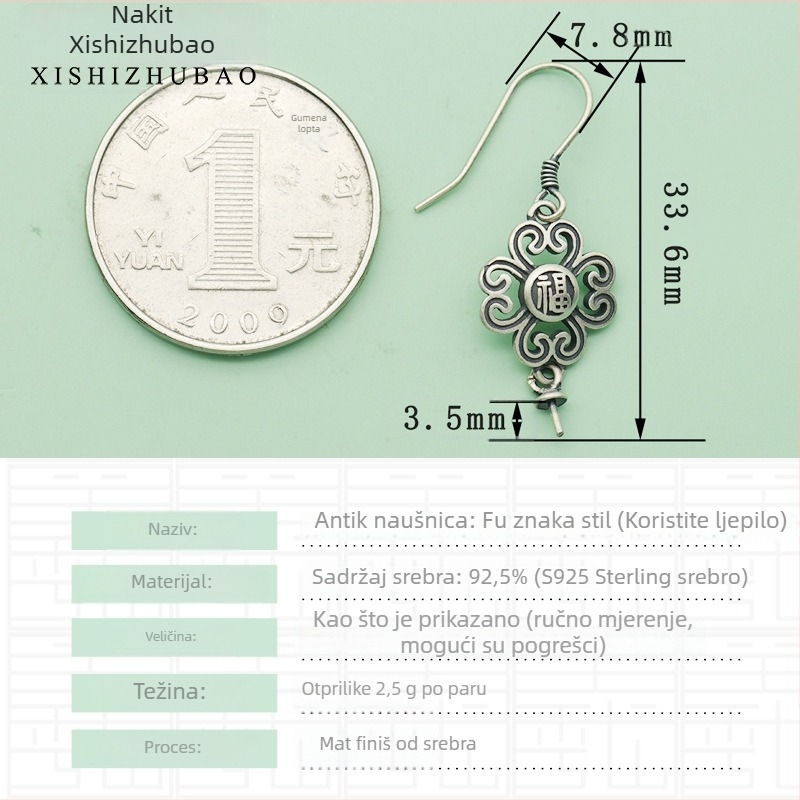 Kuka za naušnice od srebra S925 – vintage mat završetak, mali cvjetni totem, poluproizvod za DIY nakit