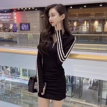 Haljina s blokom boja, zatvaračem, plisirana, dugi rukavi, visokim strukom