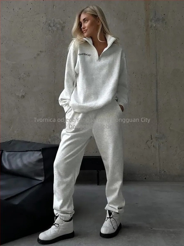 Ženski oversize dukserica s zipom i polo ovratnikom, s printom, debela tkanina, jesen-zima, casual američkog stila.