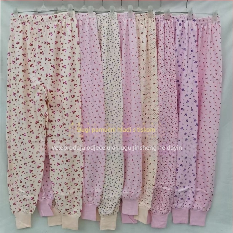 Ženske pantalone od pamuka s floralnim uzorkom, topli, jednoslojno, 100% pamuk, gustoća tkanine 181–200 g/m²
