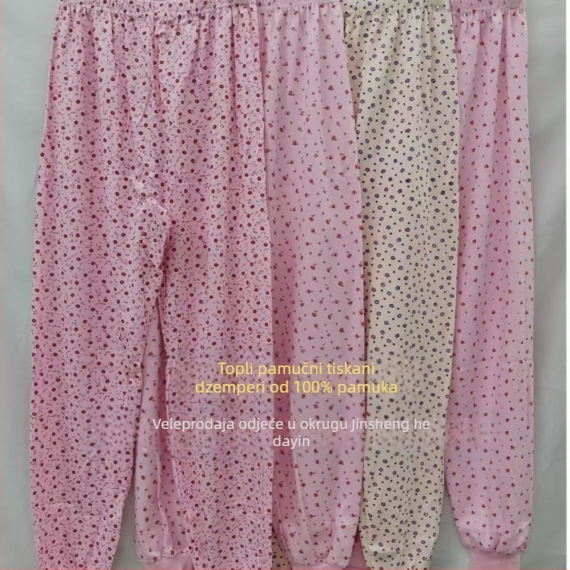 Ženske pantalone od pamuka s floralnim uzorkom, topli, jednoslojno, 100% pamuk, gustoća tkanine 181–200 g/m²